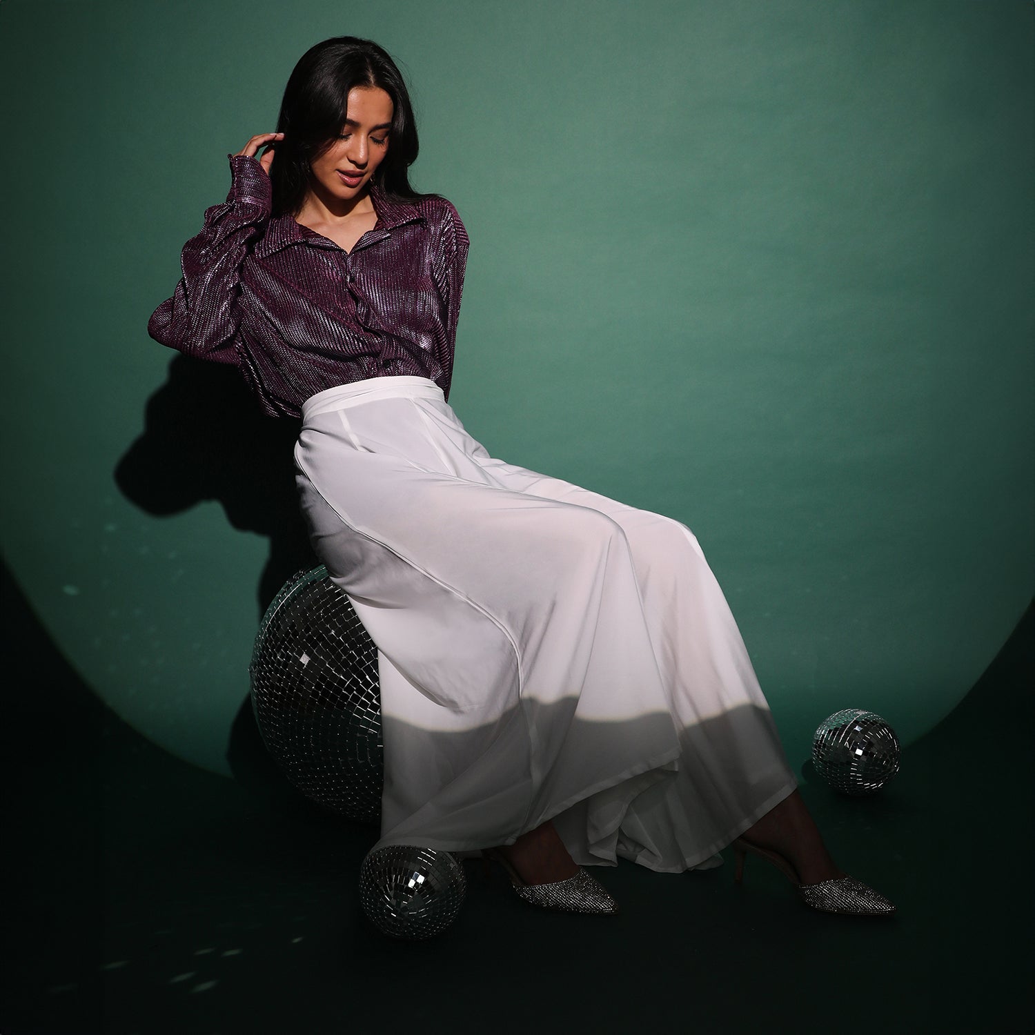 Women Purple Metallic Pleated Shirt