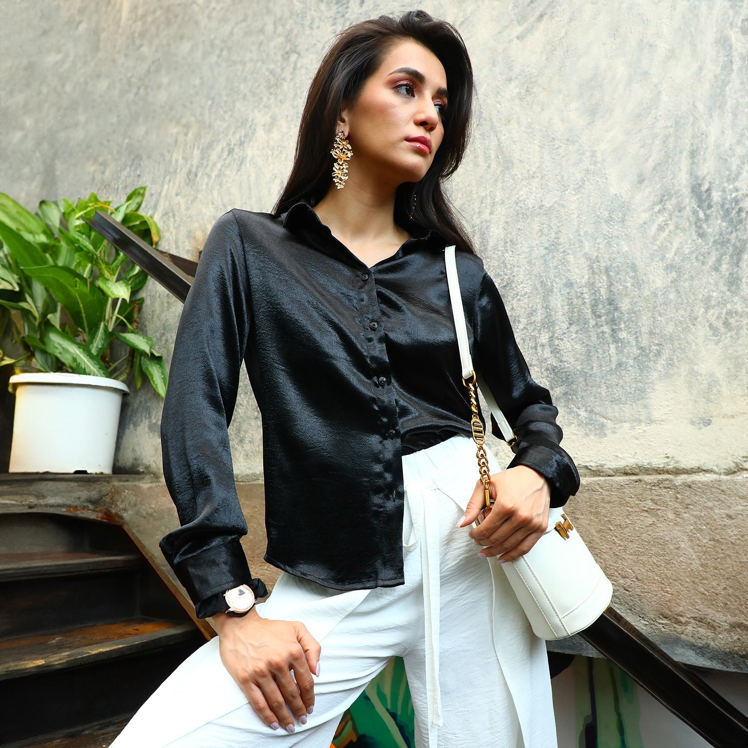 Women Black Solid Satin Shirt