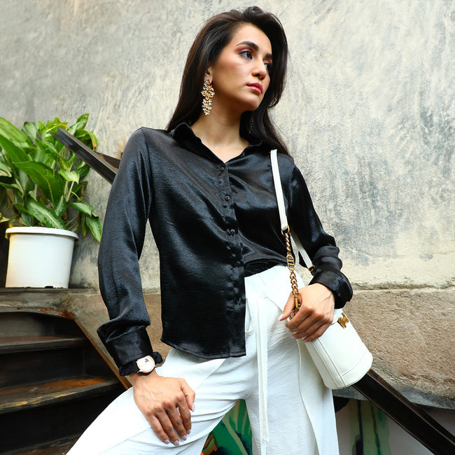 Women Black Solid Satin Shirt