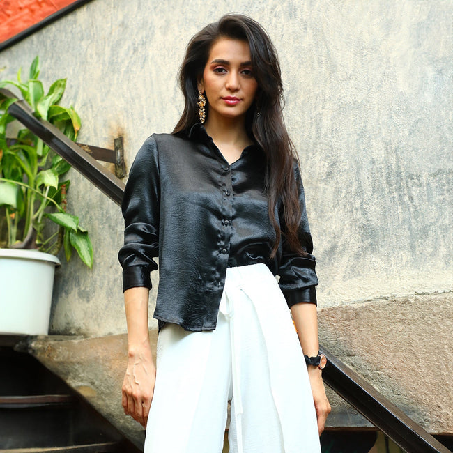 Women Black Solid Satin Shirt