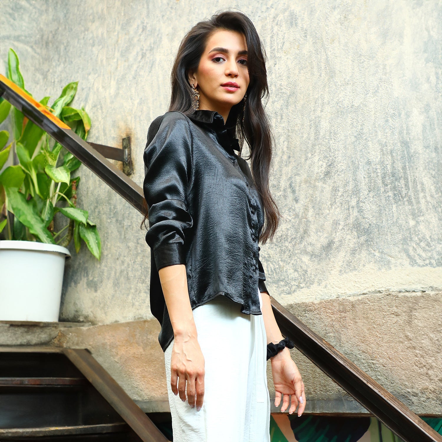 Women Black Solid Satin Shirt