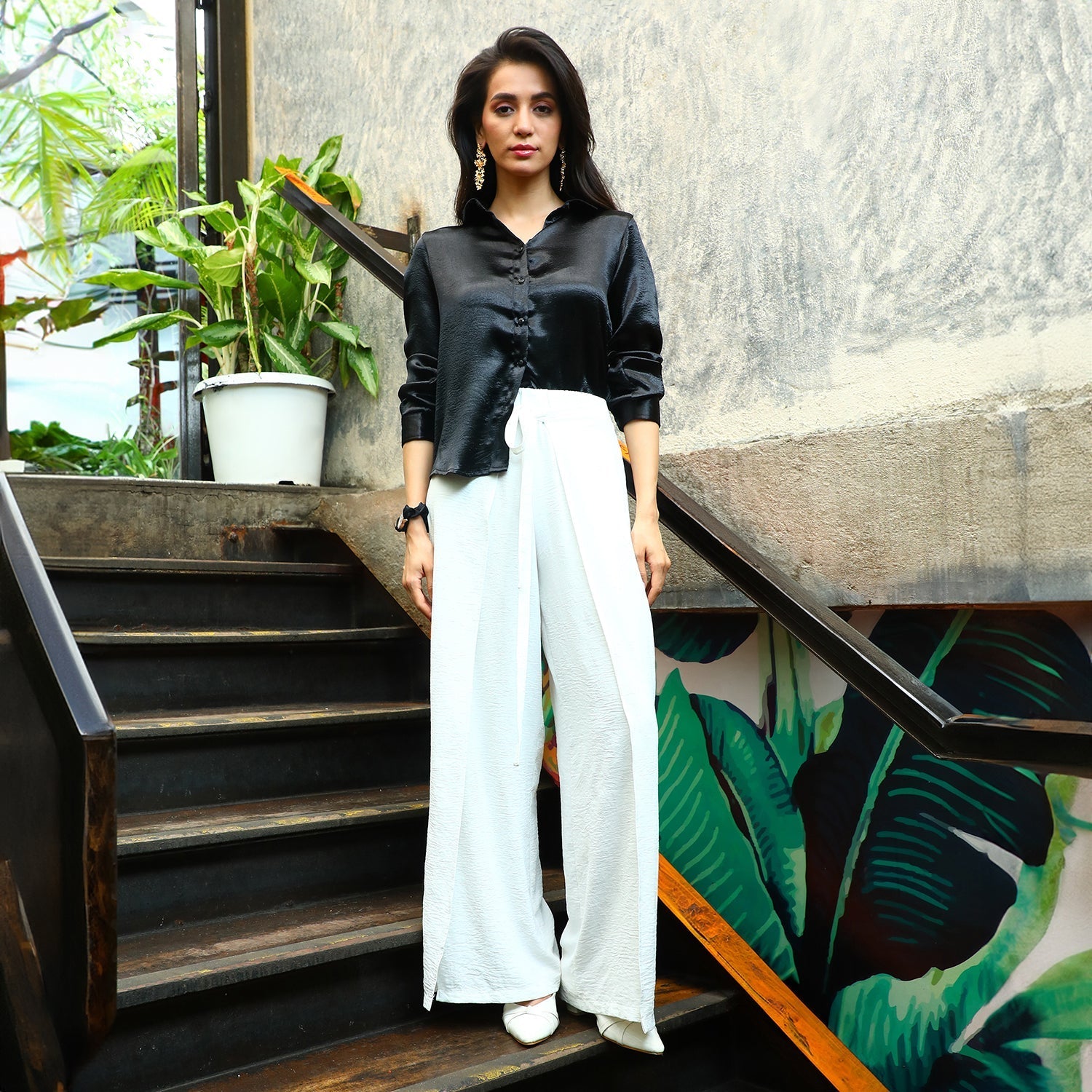 Women Black Solid Satin Shirt