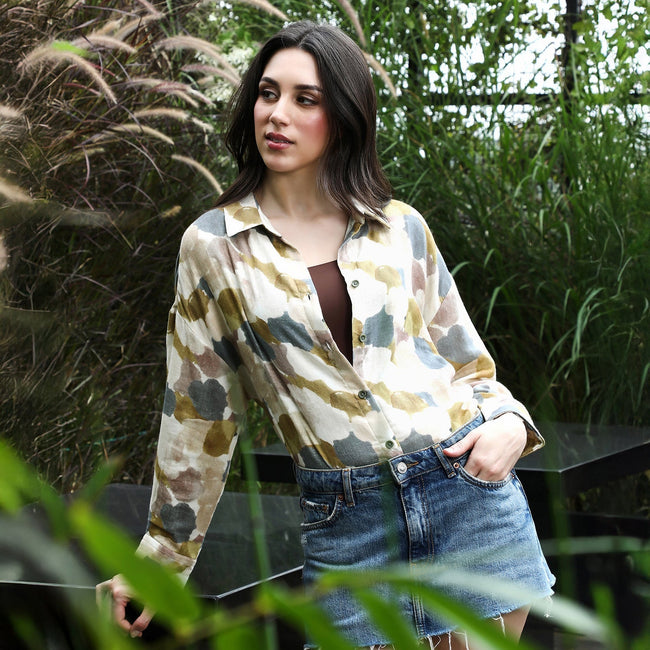 Women Yellow Abstract-Imprint Oversized Shirt