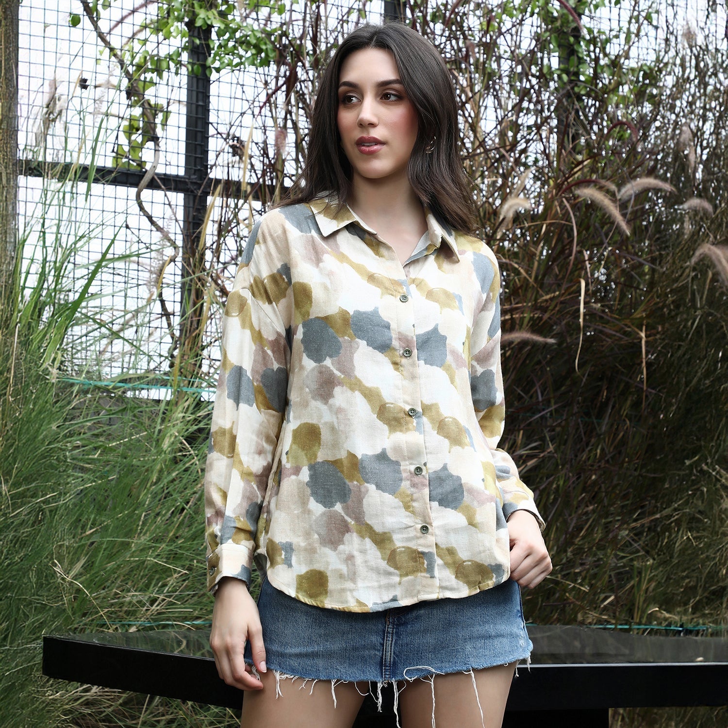 Women Yellow Abstract-Imprint Oversized Shirt