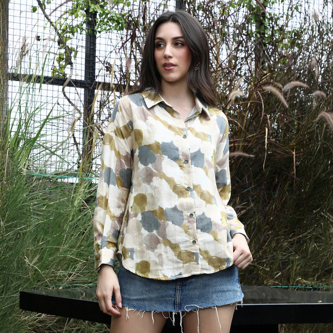 Women Yellow Abstract-Imprint Oversized Shirt