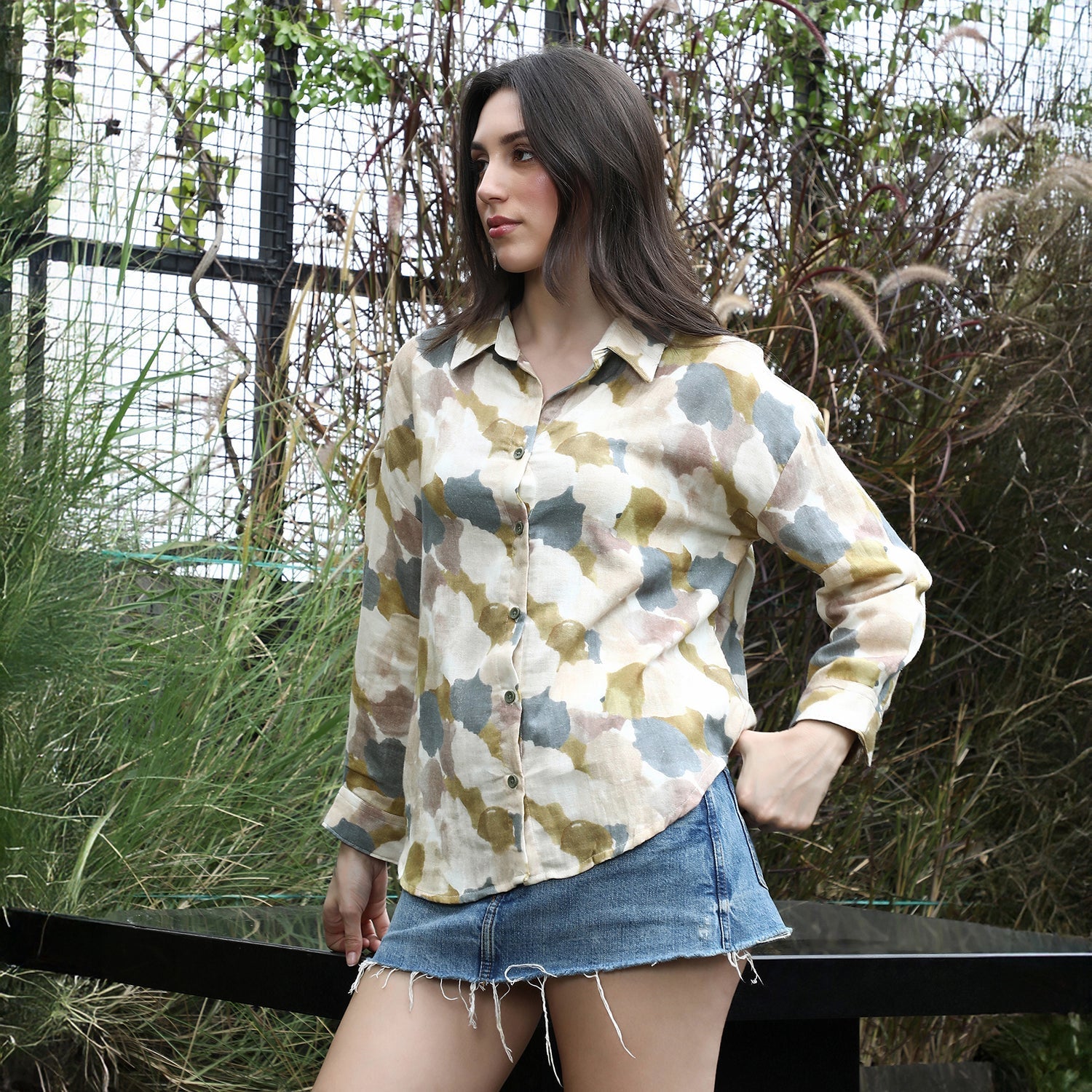 Women Yellow Abstract-Imprint Oversized Shirt