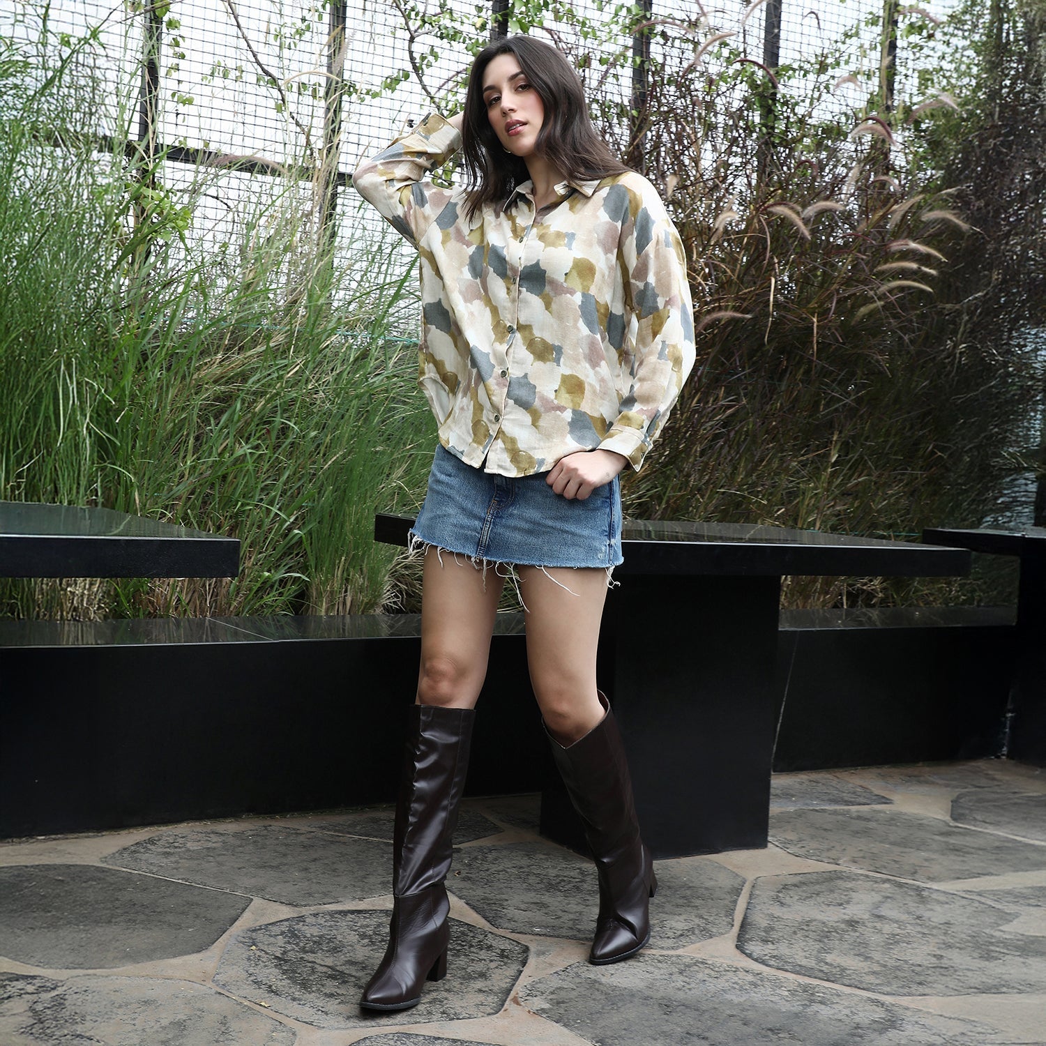 Women Yellow Abstract-Imprint Oversized Shirt