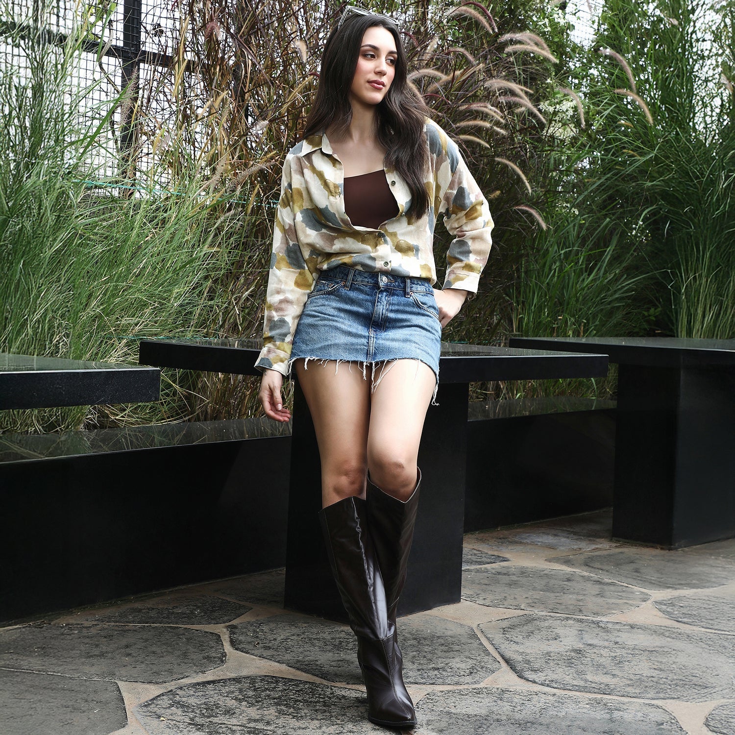 Women Yellow Abstract-Imprint Oversized Shirt