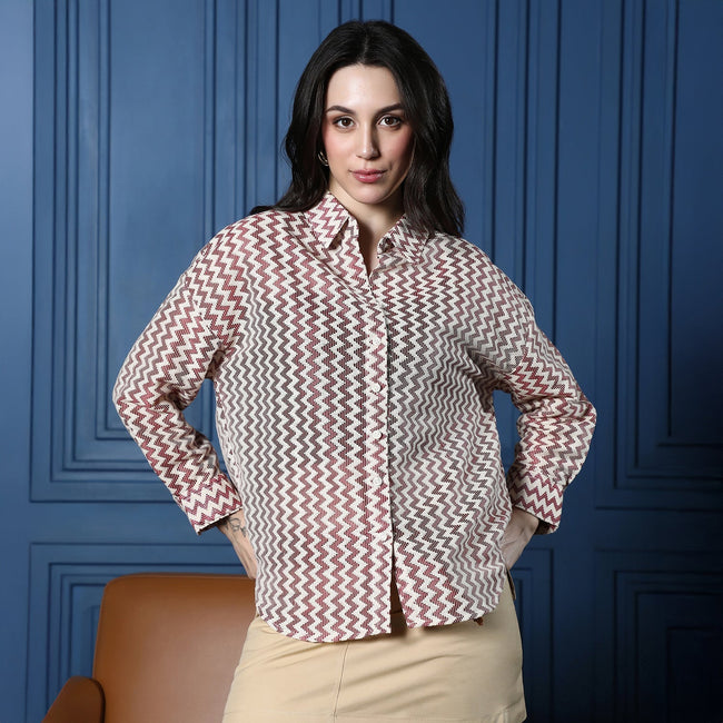 Women Red Chevron-Crochet Oversized Shirt