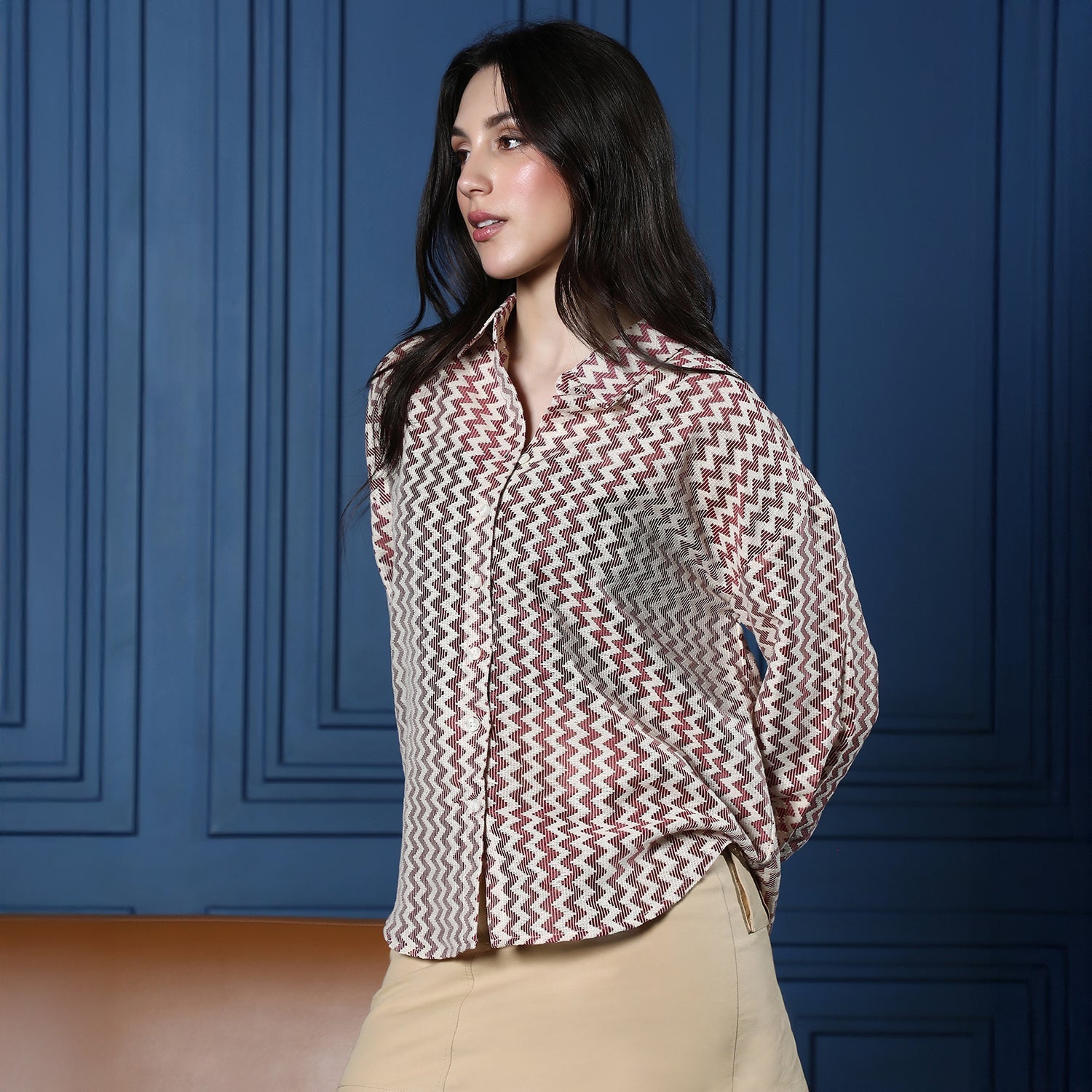Women Red Chevron-Crochet Oversized Shirt