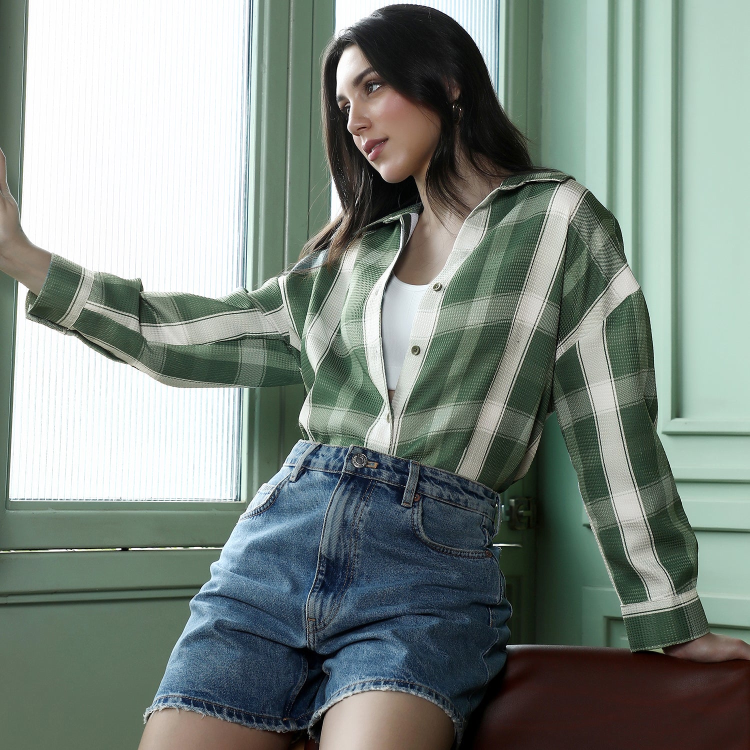 Women Green Plaid-Tactile Oversized Shirt