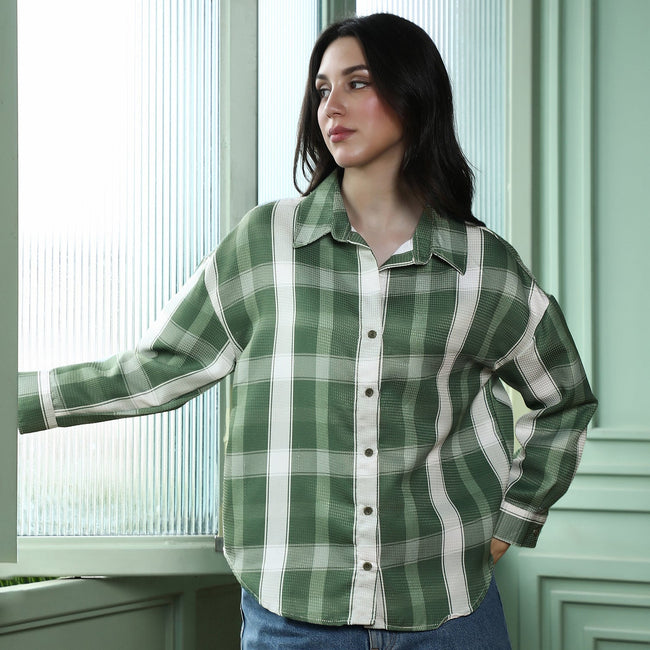 Women Green Plaid-Tactile Oversized Shirt