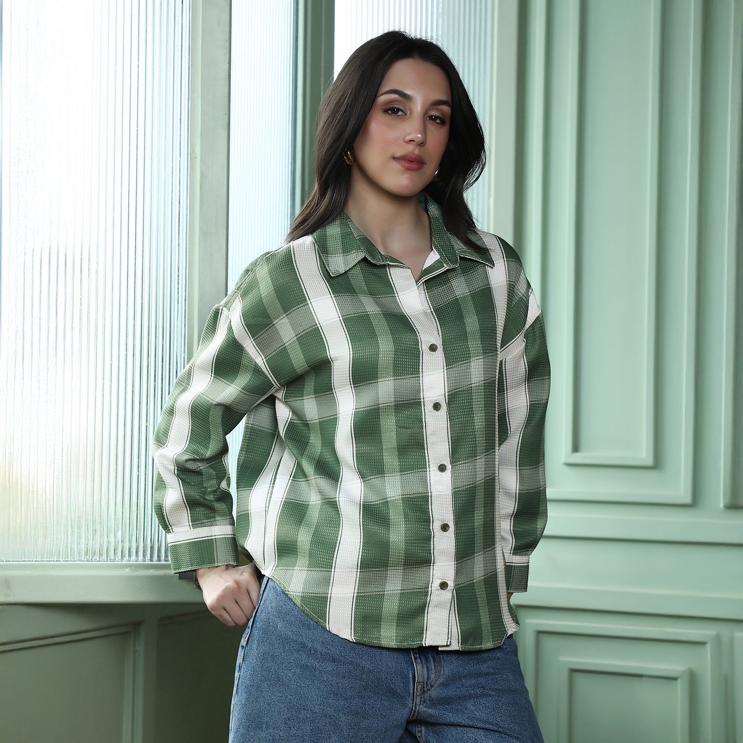 Women Green Plaid-Tactile Oversized Shirt