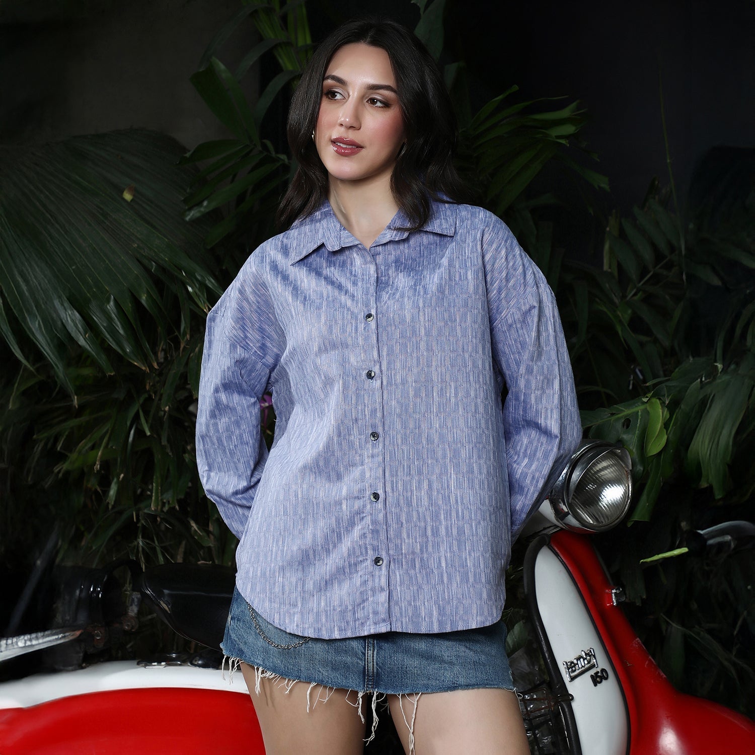 Women Blue Quad-Weave Oversized Shirt