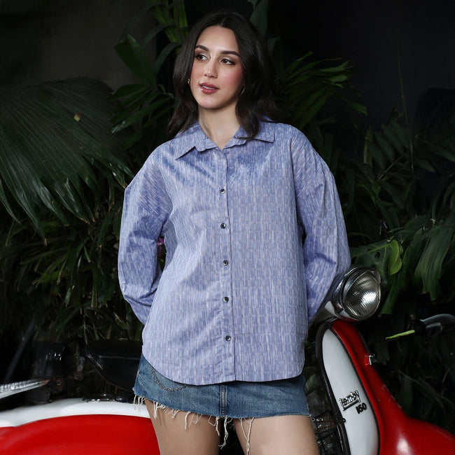 Women Blue Quad-Weave Oversized Shirt