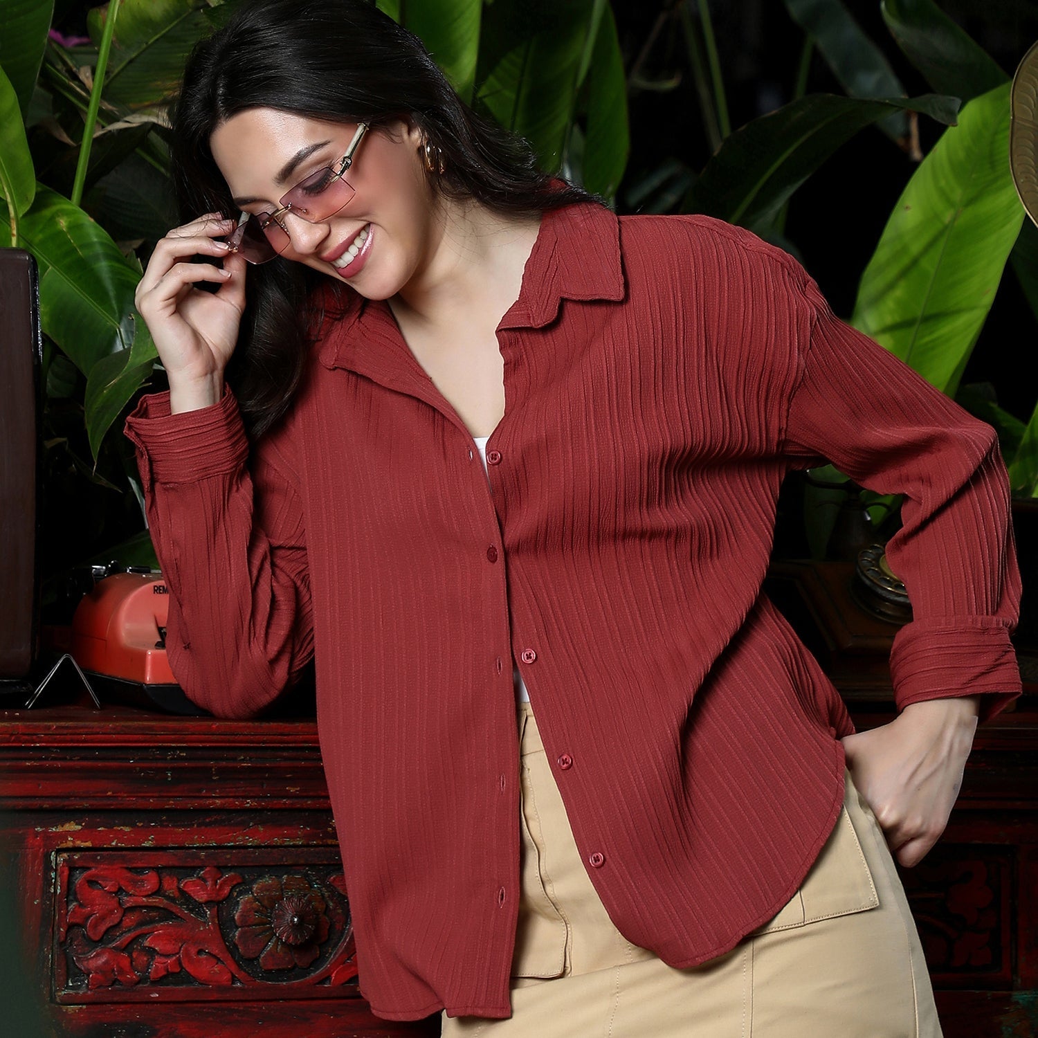 Women Red Pin-Tactile Oversized Shirt