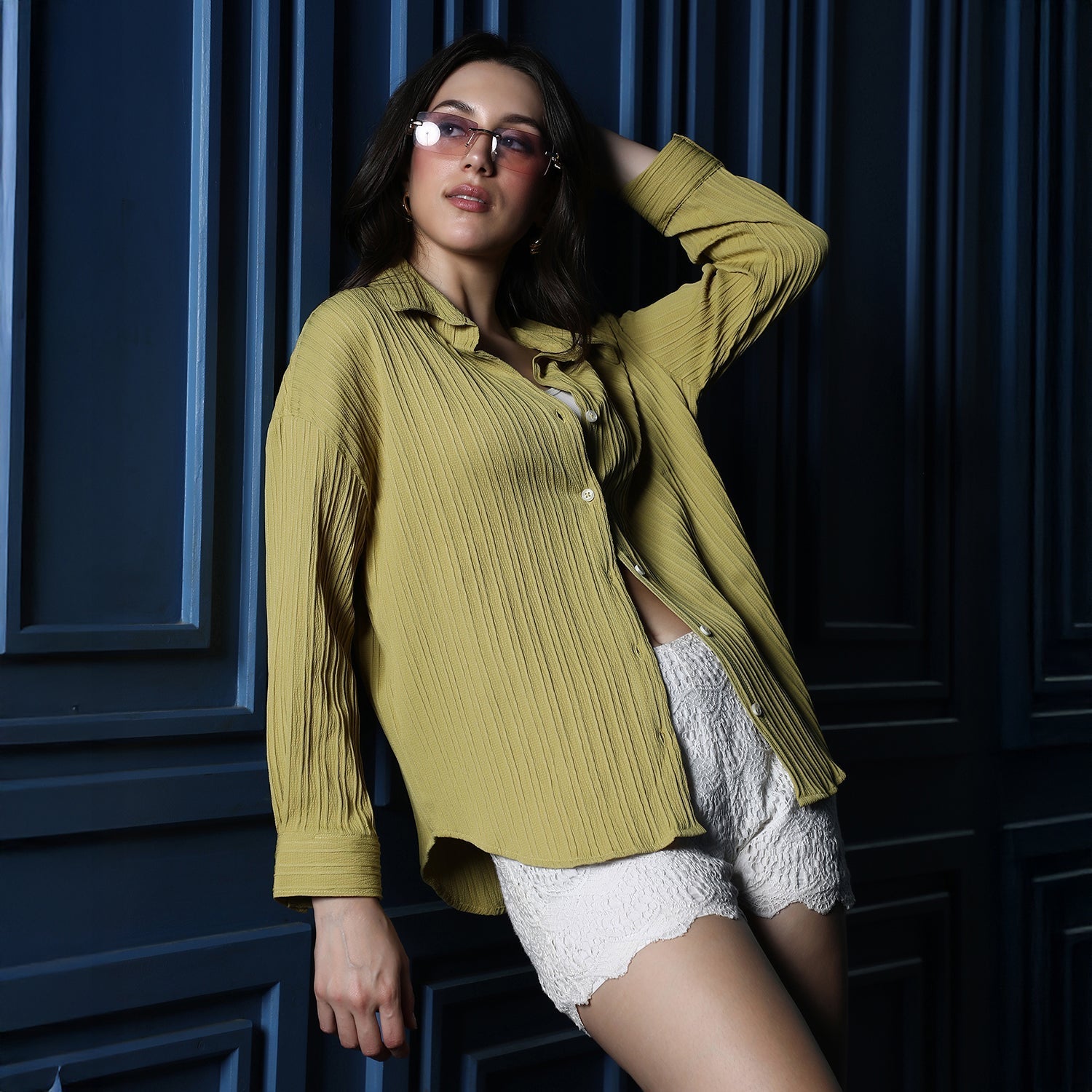 Women Green Pin-Tactile Oversized Shirt