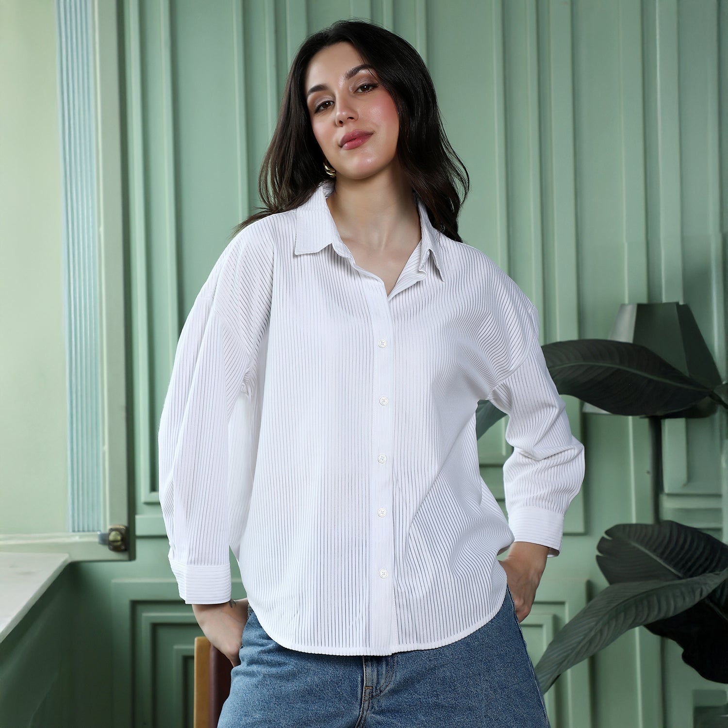 Women White Panel-Tactile Oversized Shirt
