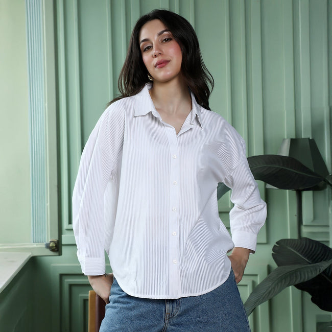 Women White Panel-Tactile Oversized Shirt
