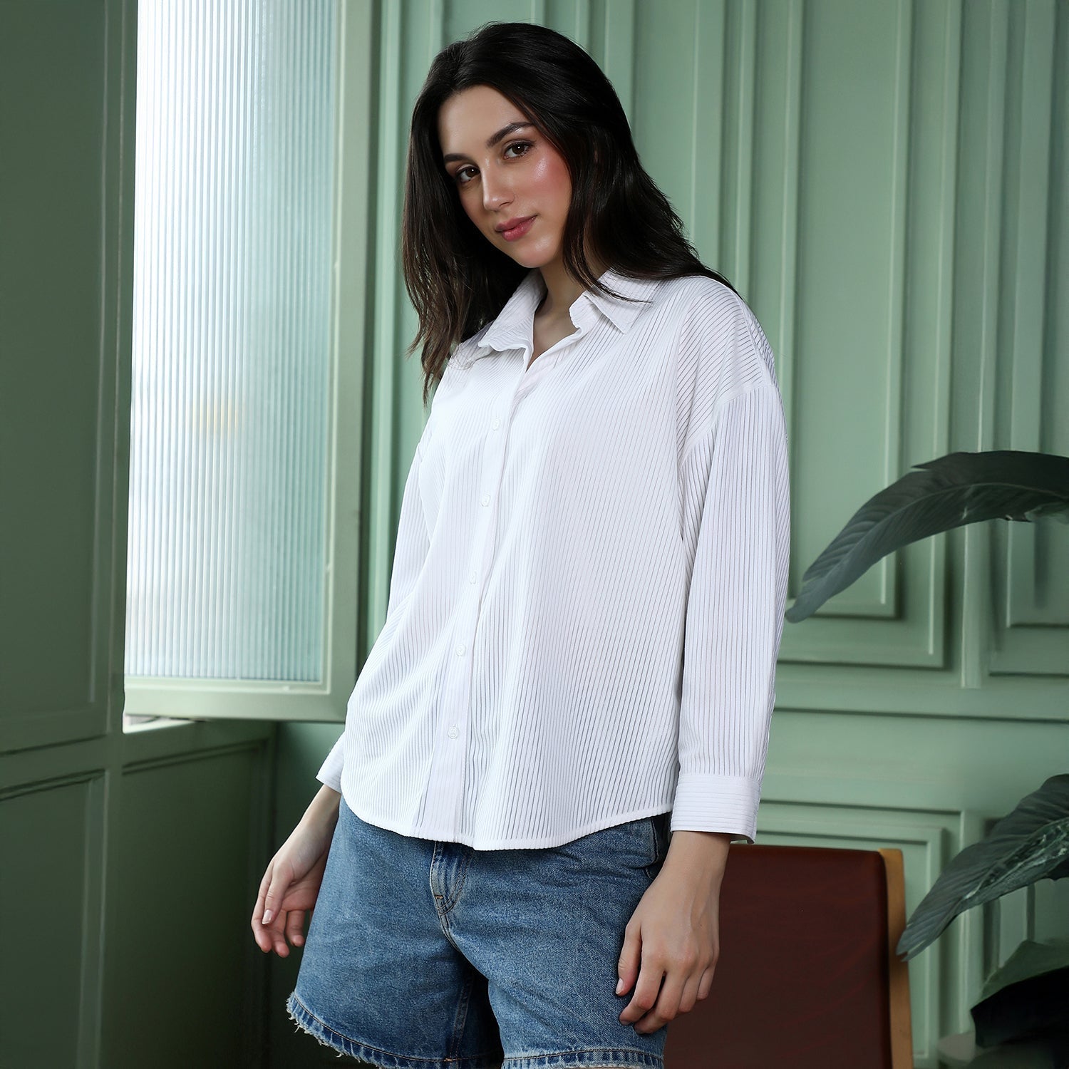 Women White Panel-Tactile Oversized Shirt