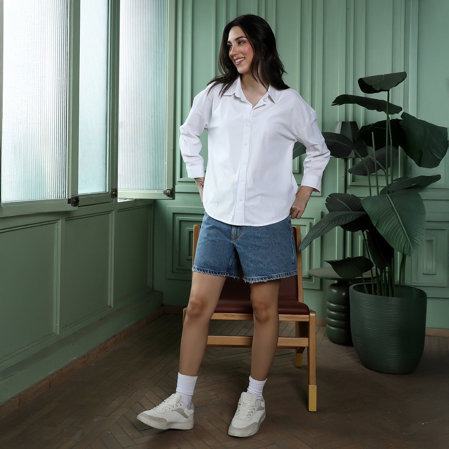 Women White Panel-Tactile Oversized Shirt