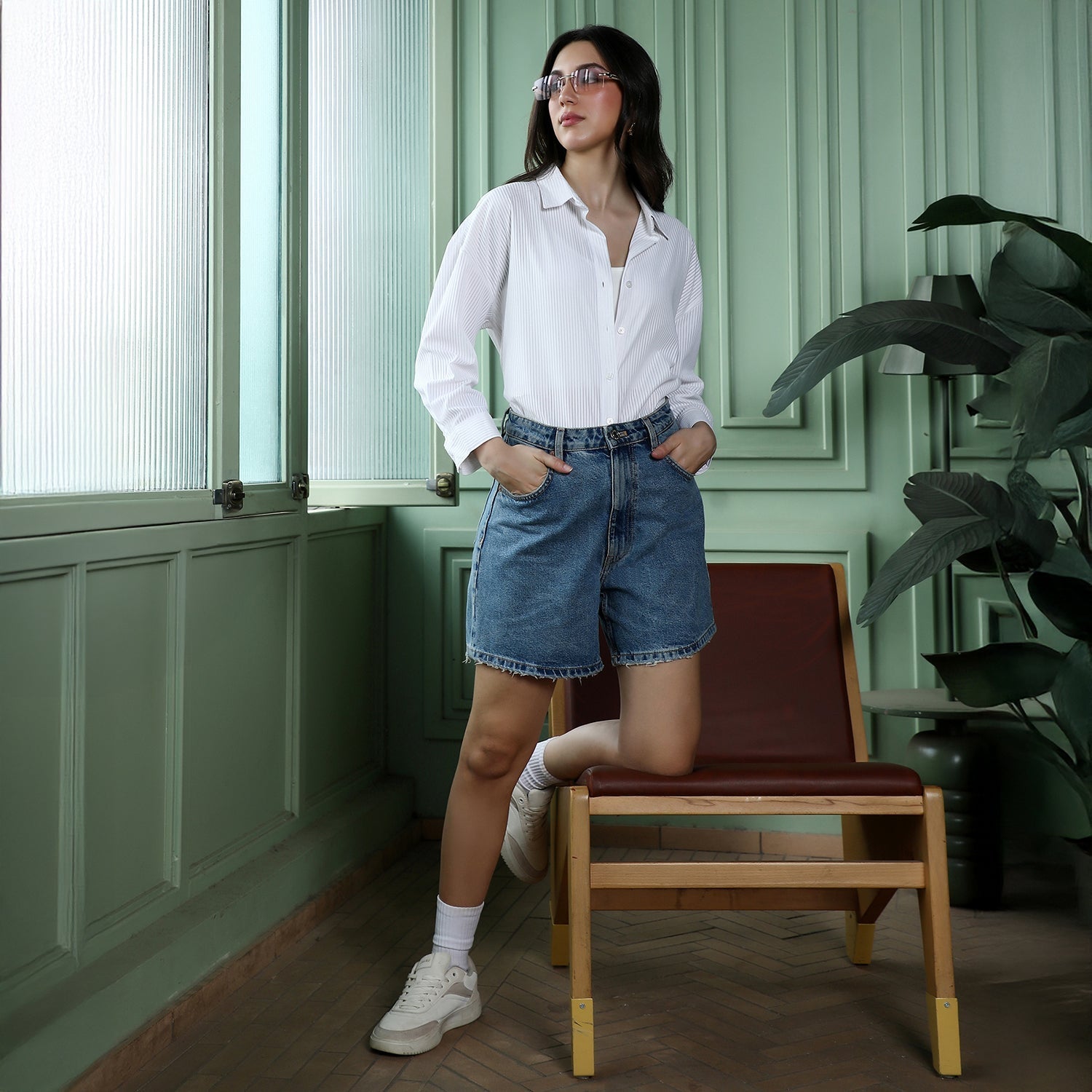 Women White Panel-Tactile Oversized Shirt