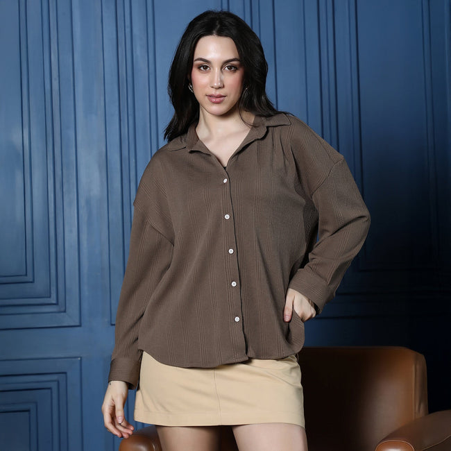 Women Brown Striped-Tactile Oversized Shirt