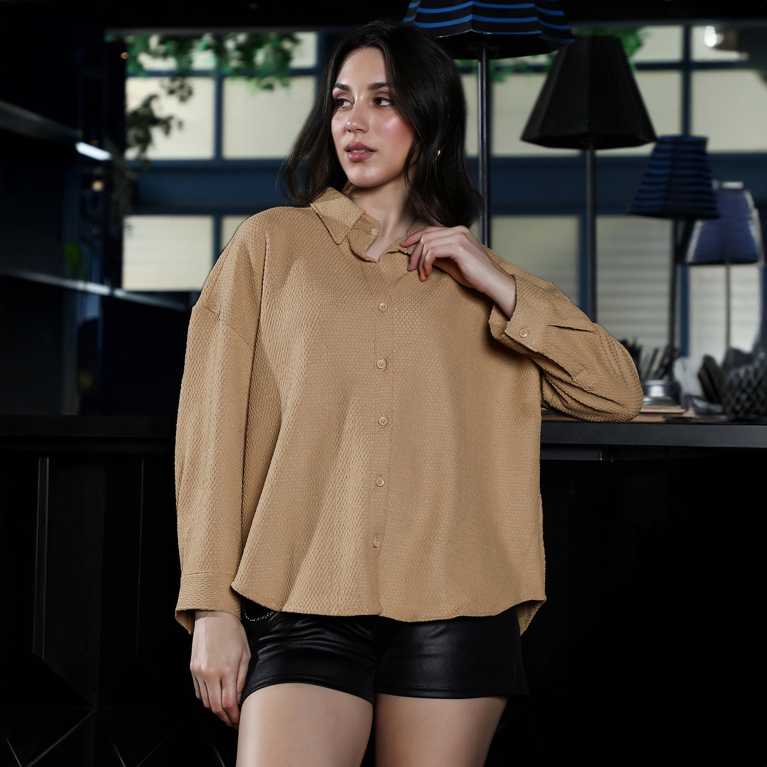Women Beige Hive-Tactile Oversized Shirt