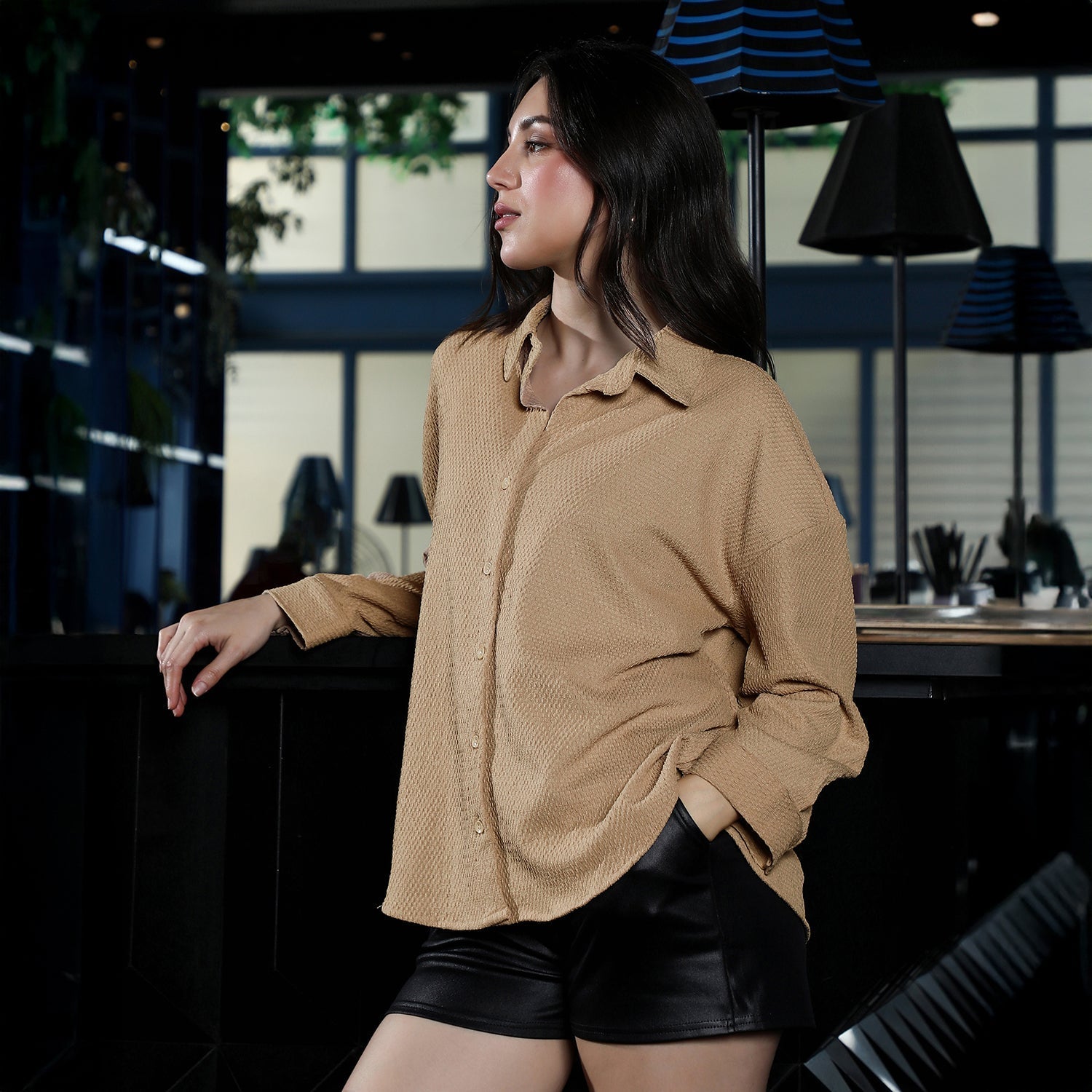 Women Beige Hive-Tactile Oversized Shirt