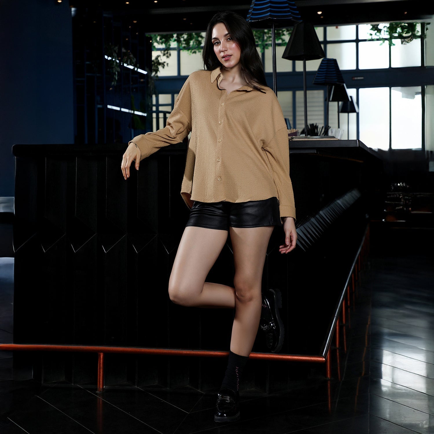 Women Beige Hive-Tactile Oversized Shirt