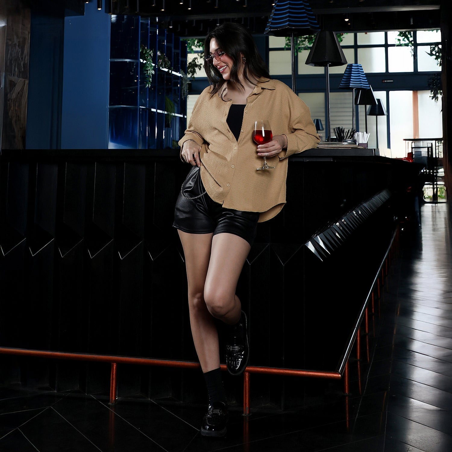 Women Beige Hive-Tactile Oversized Shirt