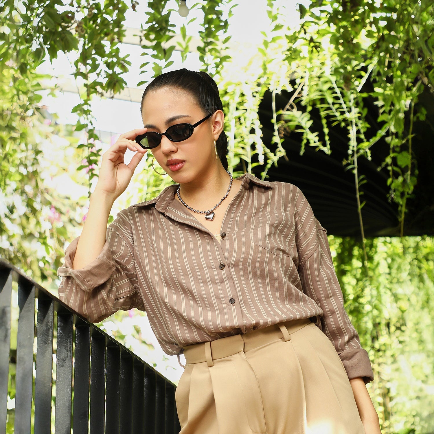 Women Brown Halo-Striped Oversized Shirt