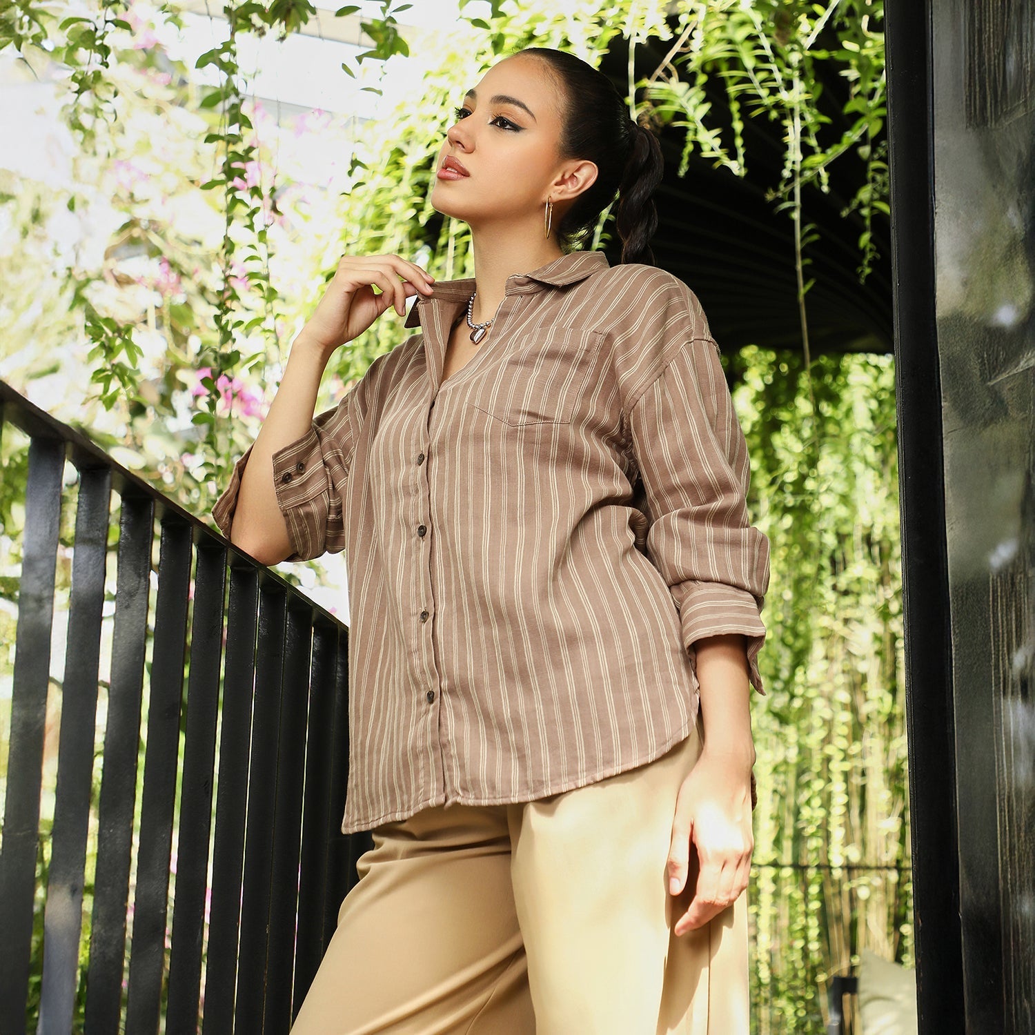 Women Brown Halo-Striped Oversized Shirt