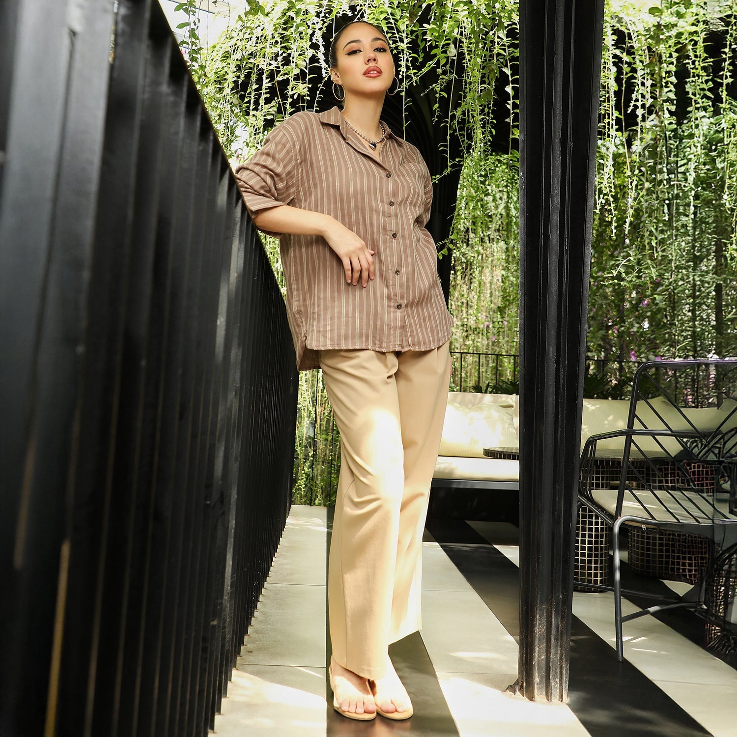 Women Brown Halo-Striped Oversized Shirt
