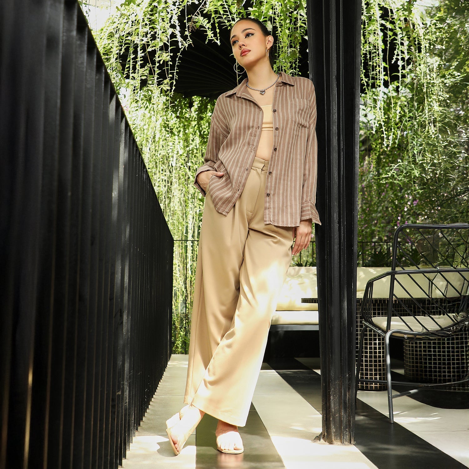 Women Brown Halo-Striped Oversized Shirt