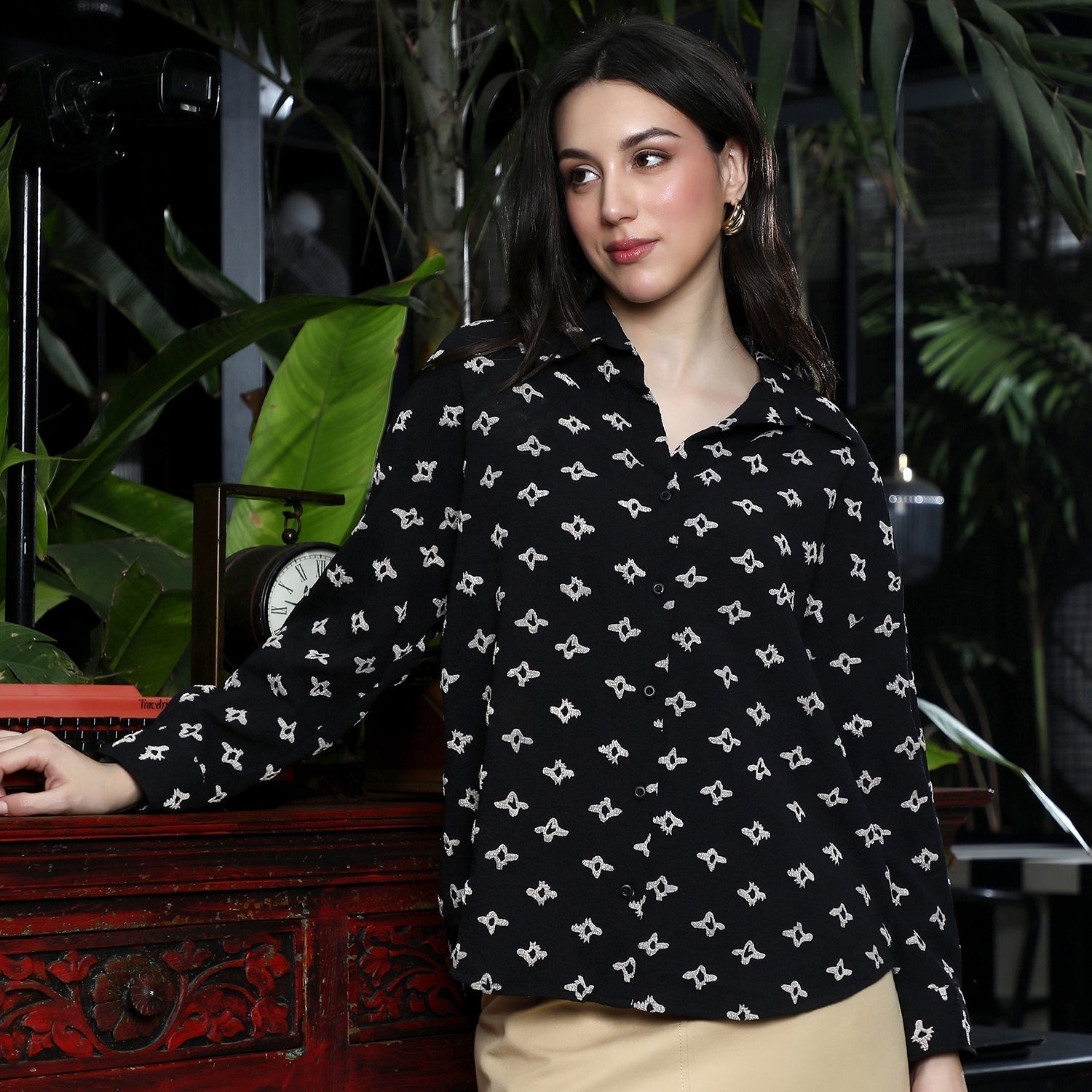 Women Black Floral-Tactile Oversized Shirt