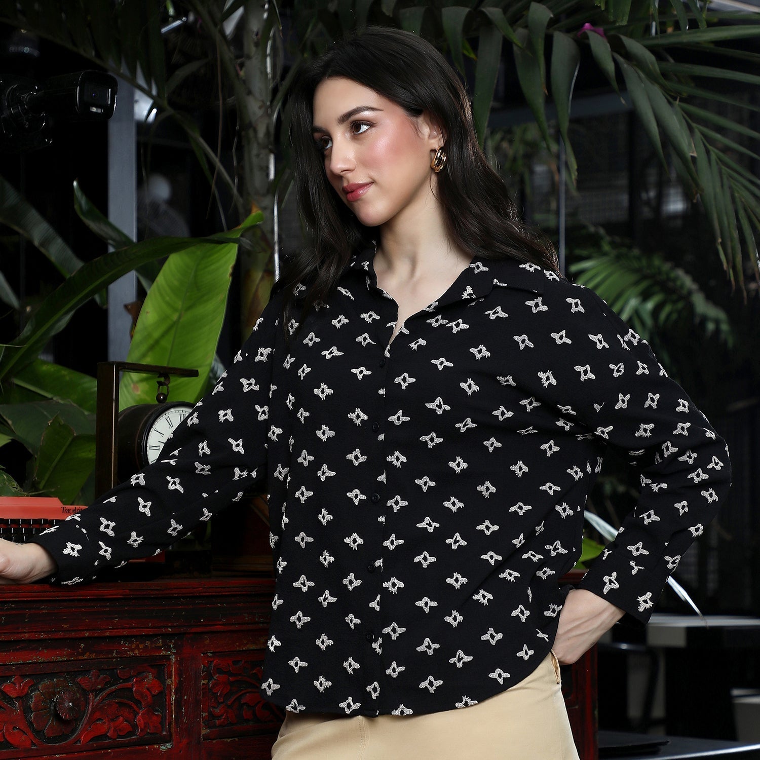 Women Black Floral-Tactile Oversized Shirt
