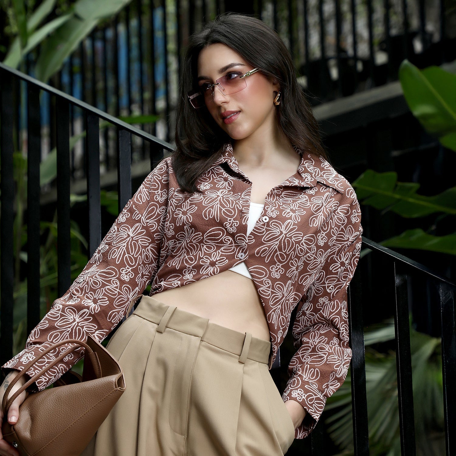 Women Brown Floral-Lined Oversized Shirt