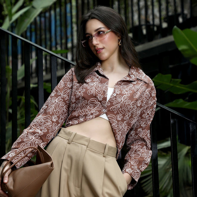 Women Brown Floral-Lined Oversized Shirt