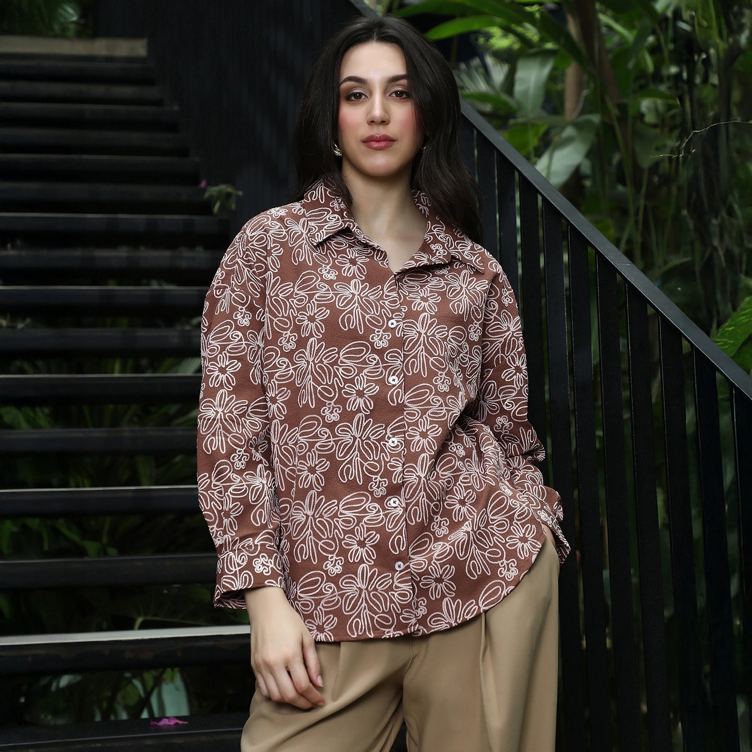 Women Brown Floral-Lined Oversized Shirt