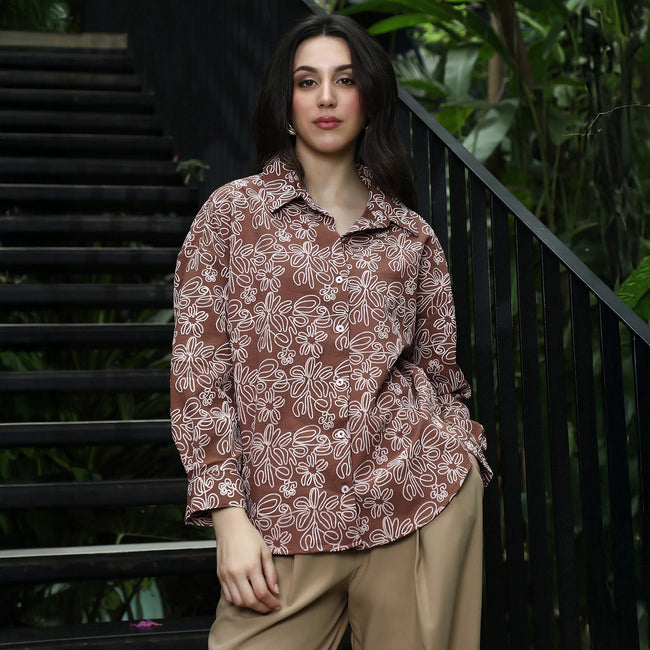 Women Brown Floral-Lined Oversized Shirt