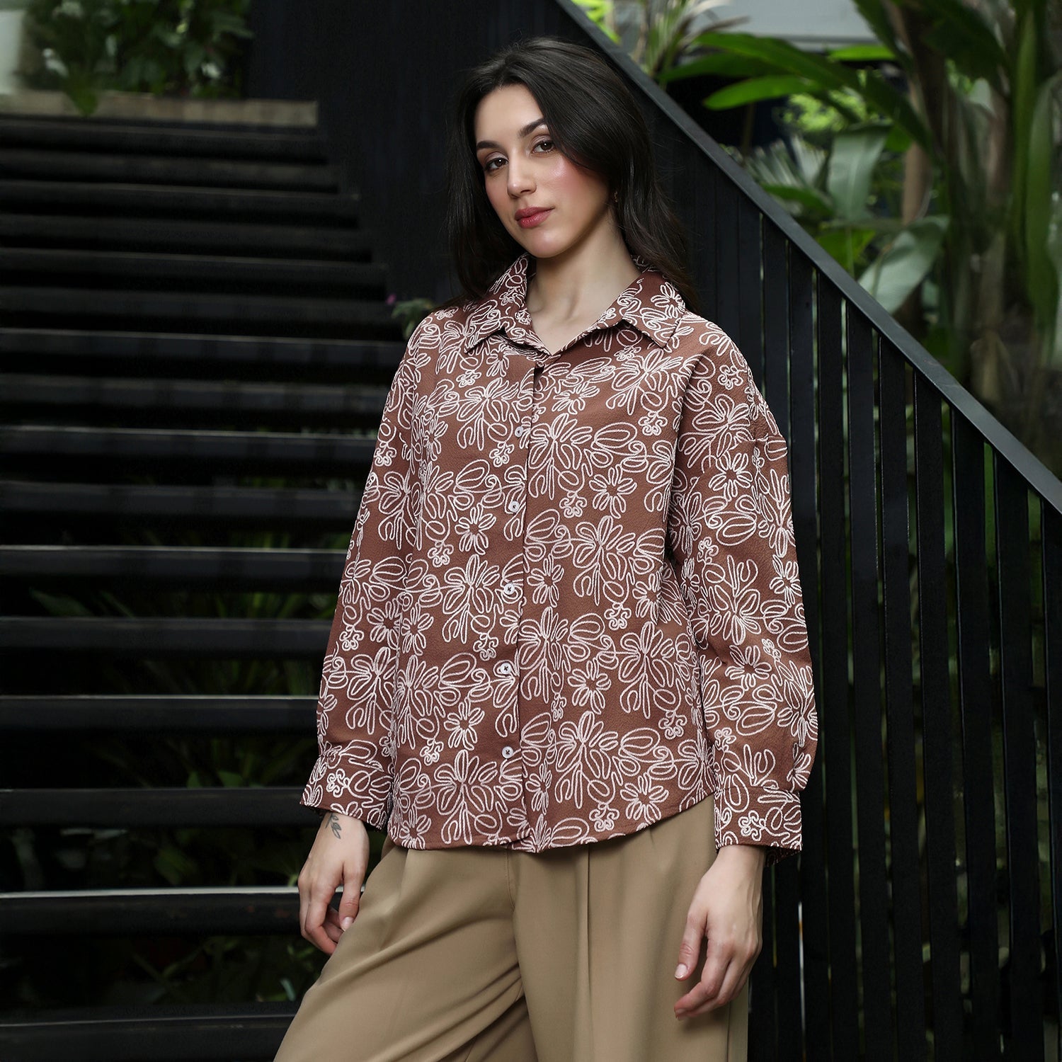 Women Brown Floral-Lined Oversized Shirt