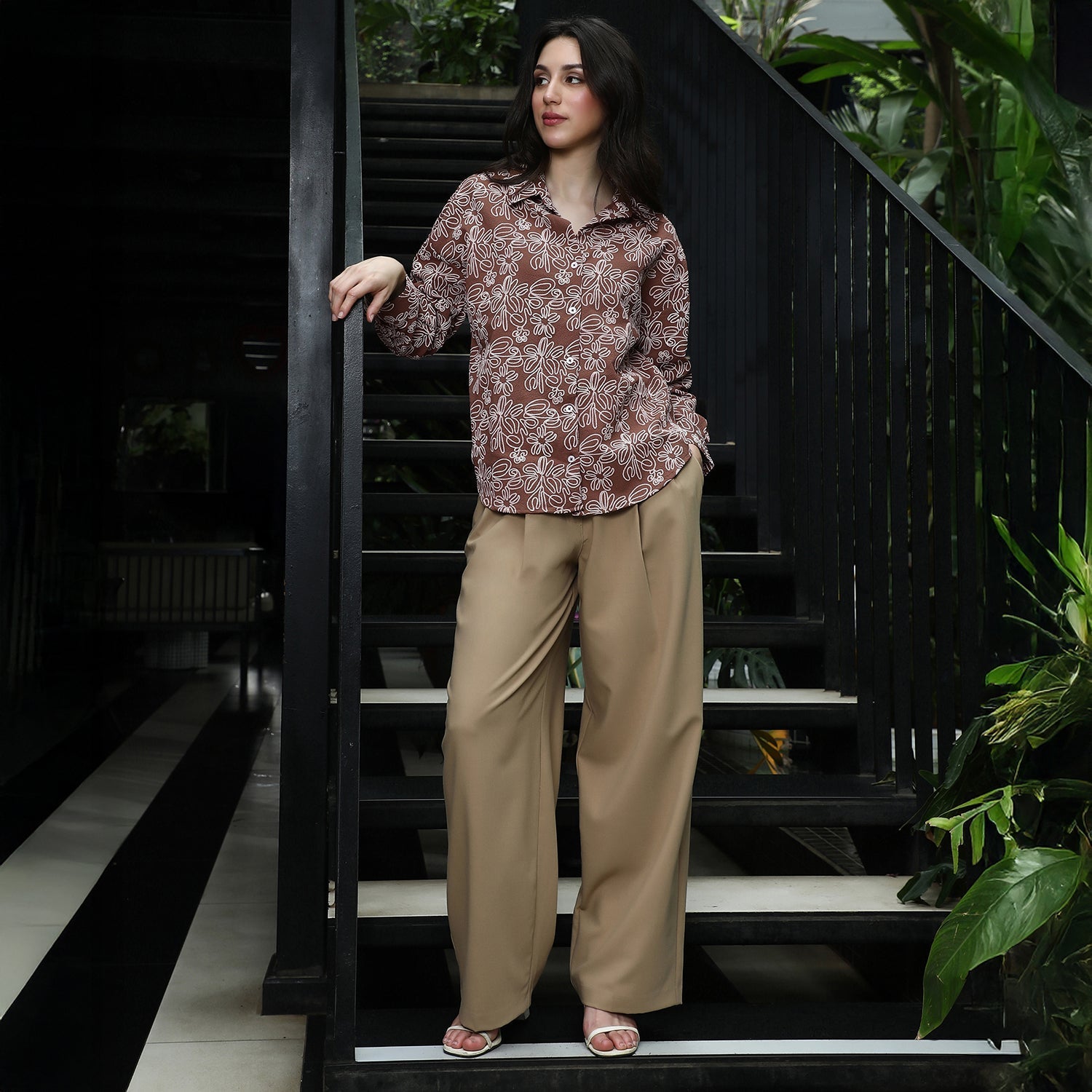 Women Brown Floral-Lined Oversized Shirt