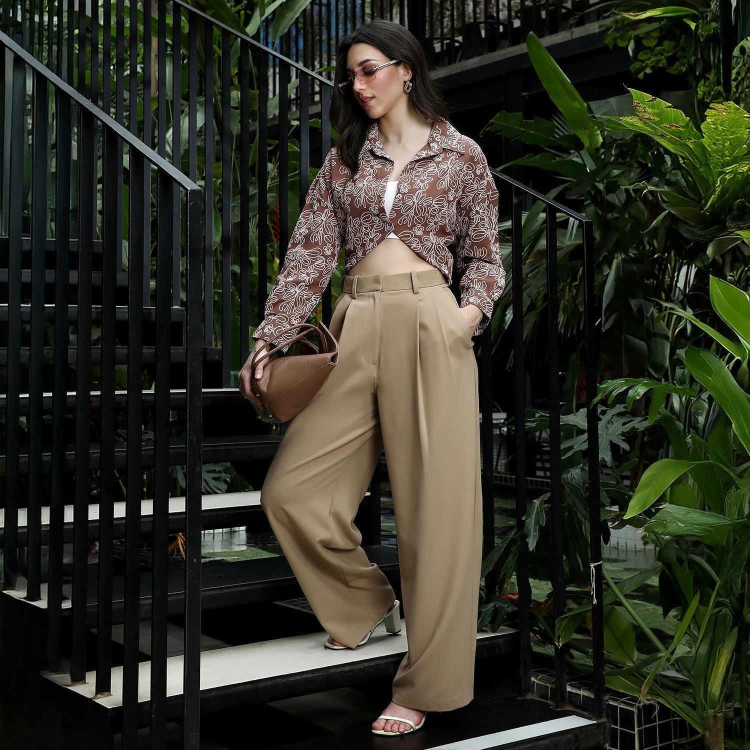 Women Brown Floral-Lined Oversized Shirt