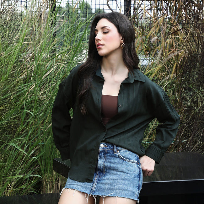 Women Green Lined-Tactile Oversized Shirt