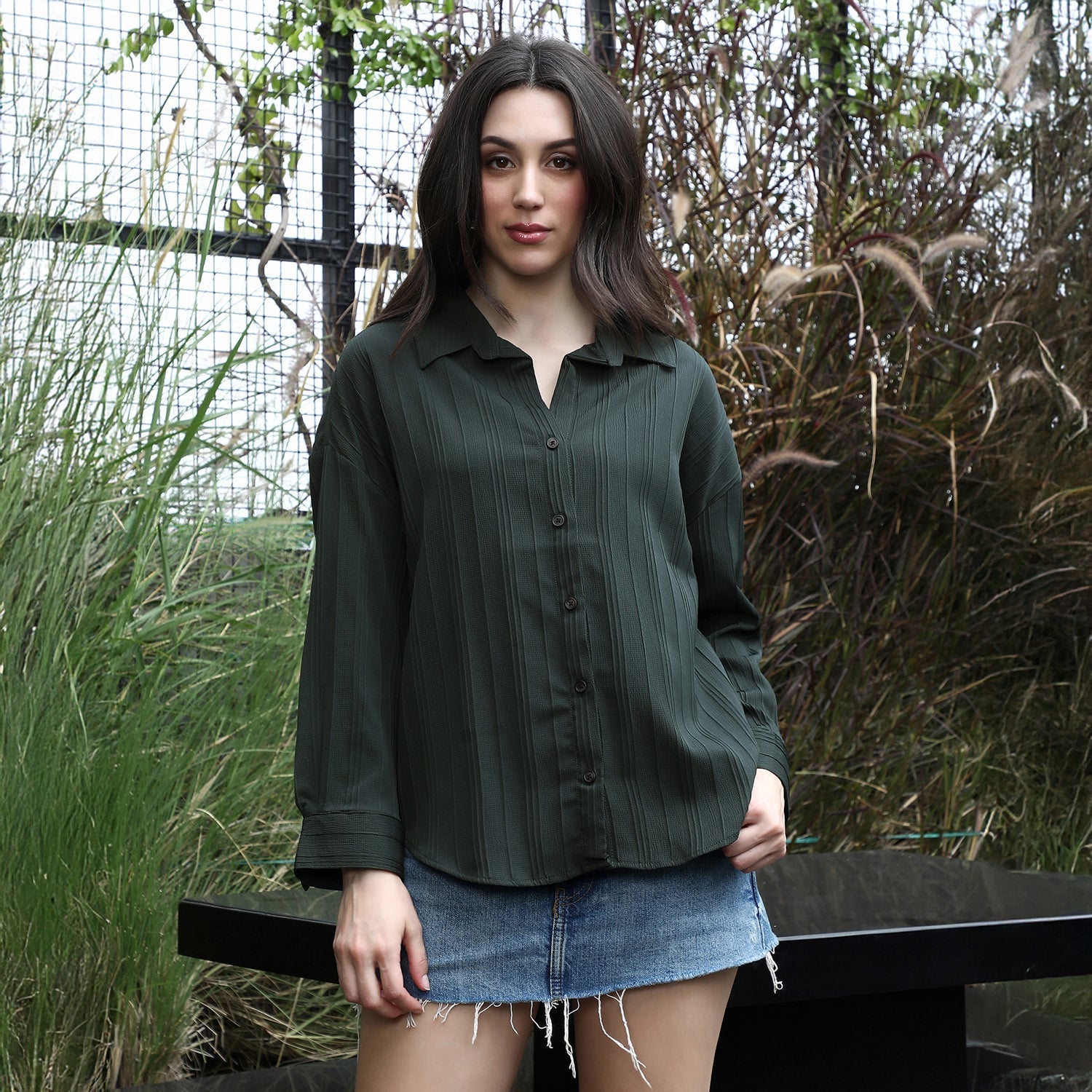 Women Green Lined-Tactile Oversized Shirt