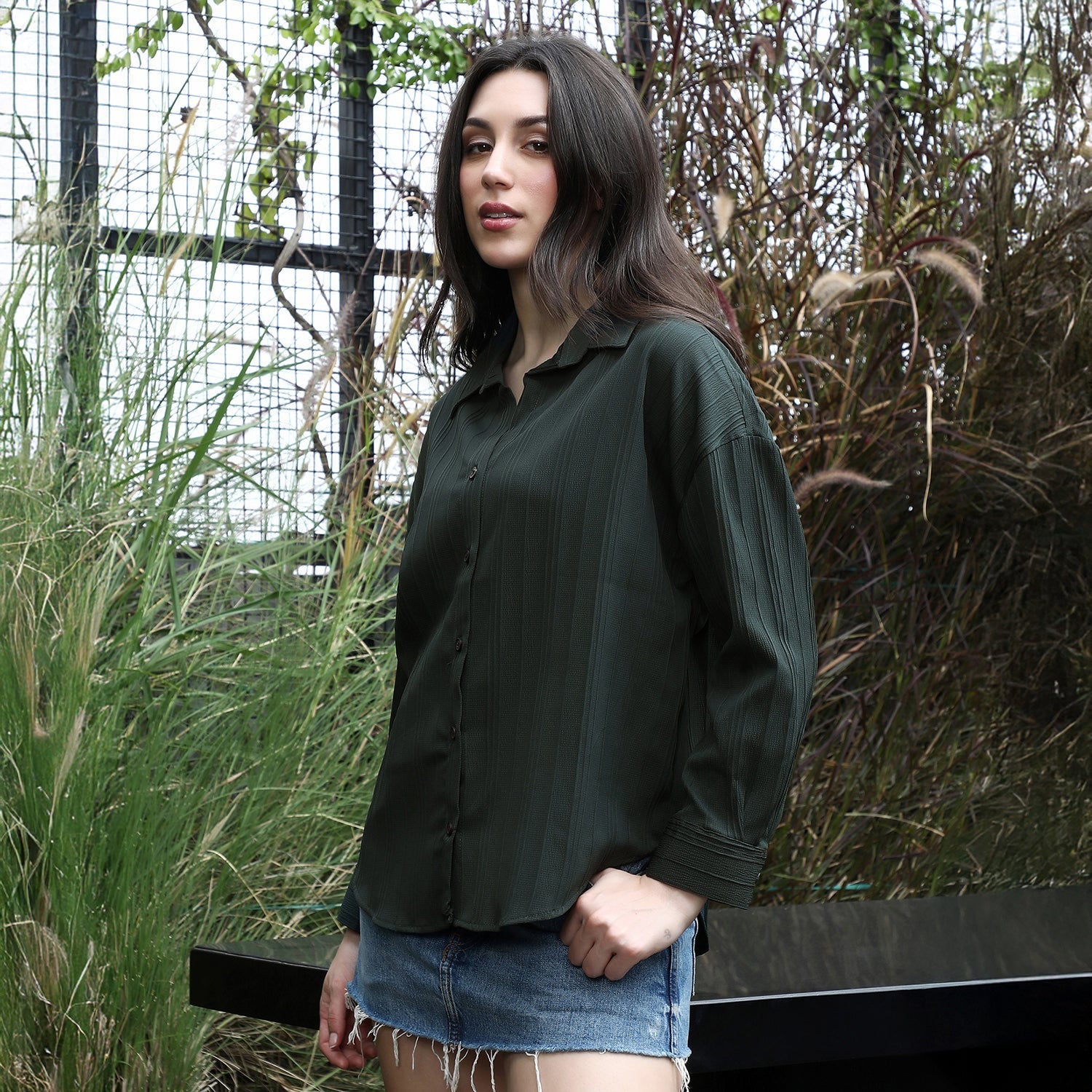 Women Green Lined-Tactile Oversized Shirt