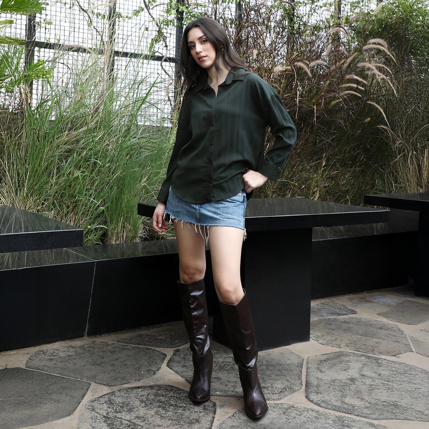 Women Green Lined-Tactile Oversized Shirt