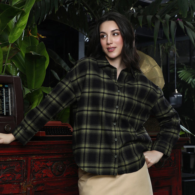 Women Green Check Oversized Shirt