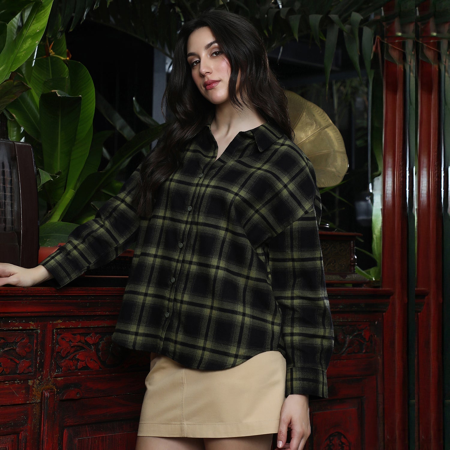 Women Green Check Oversized Shirt